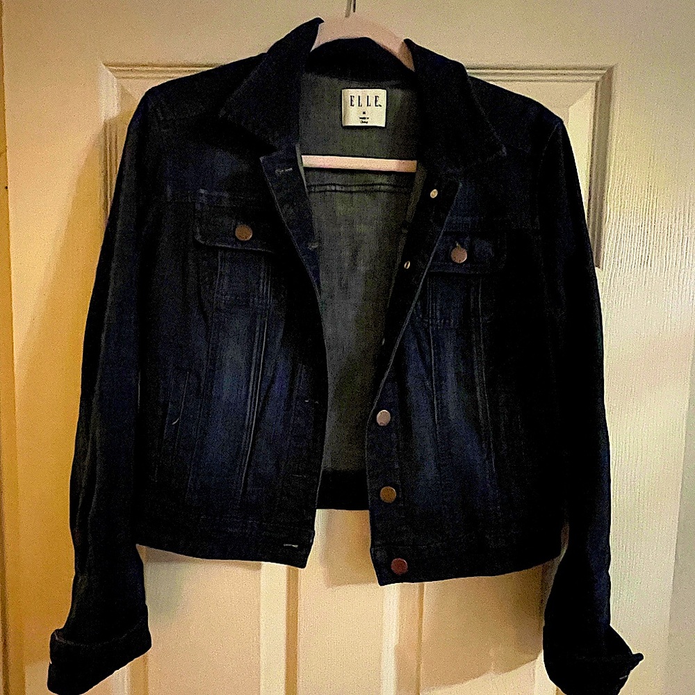 Elle Demin Jean Jacket Button Up Size M Dark Blue Denim